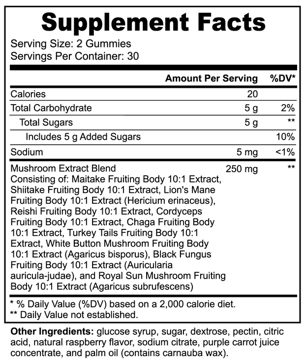 Mushroom Extract Complex Gummies (Raspberry Flavor)