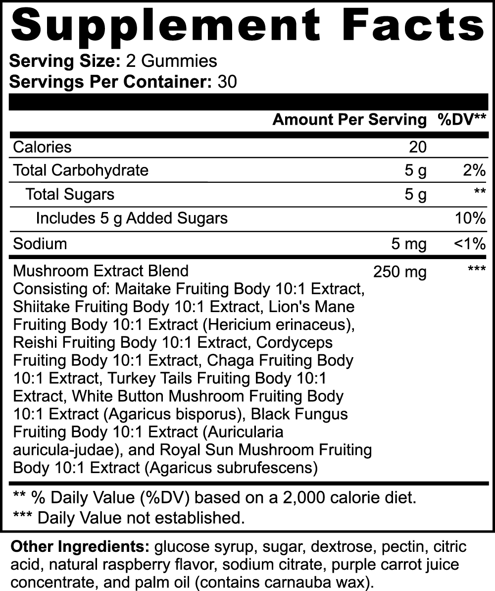 Mushroom Extract Complex Gummies (Raspberry Flavor)